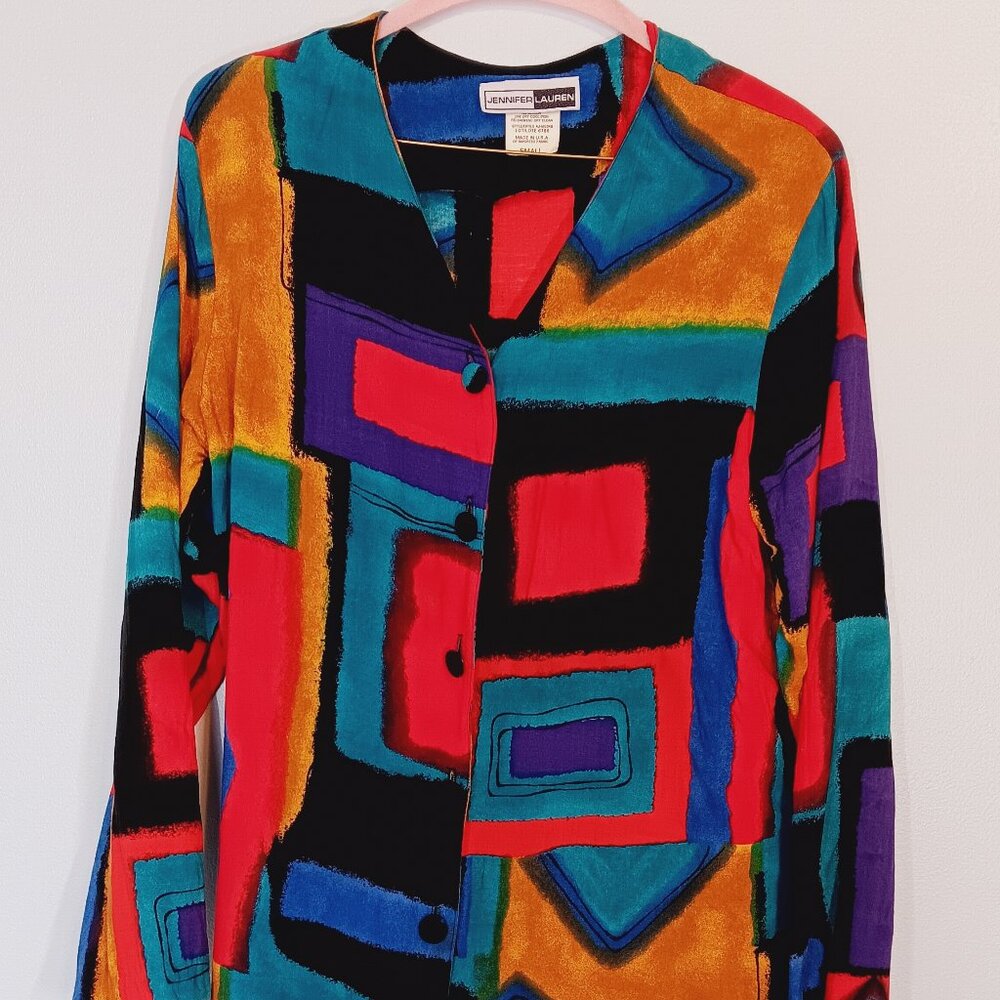 Vintage Colorblock Geometric Abstract Art Print Button Down Shirt Small